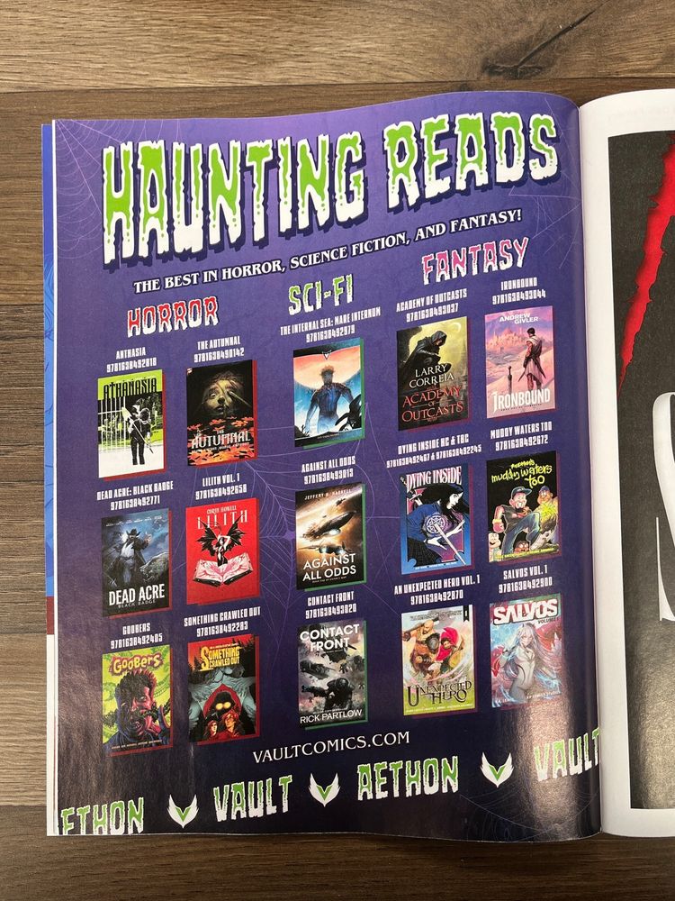 A full-page ad for Vault Comics and Aethon Books, recommending multiple of their comic & LitRPG titles across the genres of horror, sci-fi, and fantasy. The top of the ad reads "Haunting Reads" in a spooky font and Vault's website, vaultcomics.com, is included at the bottom.