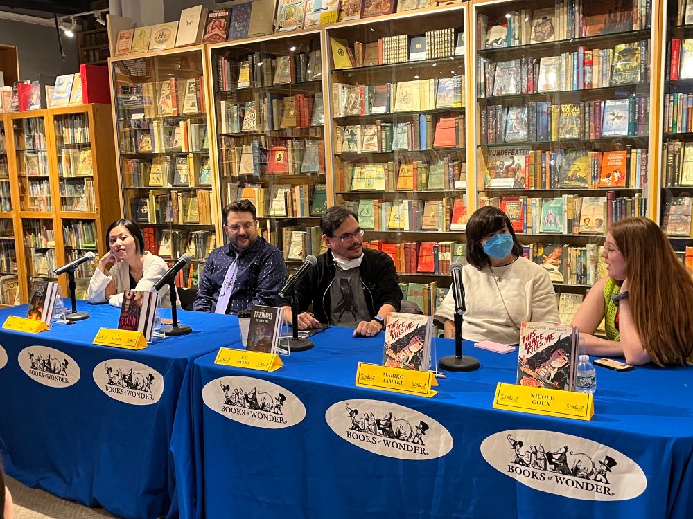 A shot of the full YA Thrills and Chills panel table at Books of Wonder. Panelists include (left to right): Yueh Yang, L.C. Rosen, E.C. Myers, Mariko Tamaki, and Nicole Goux