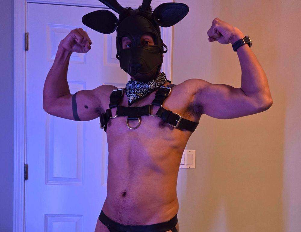 Yours truly flexing in a leather reindeer hood, wearing a leather harness and showing biceps almost like I have self esteem but it is just pretend for the internet  