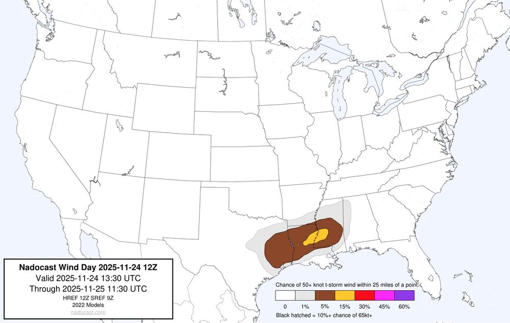 12z Day #Wind Forecast - map of the United States depicting areas of wind risk using various colors