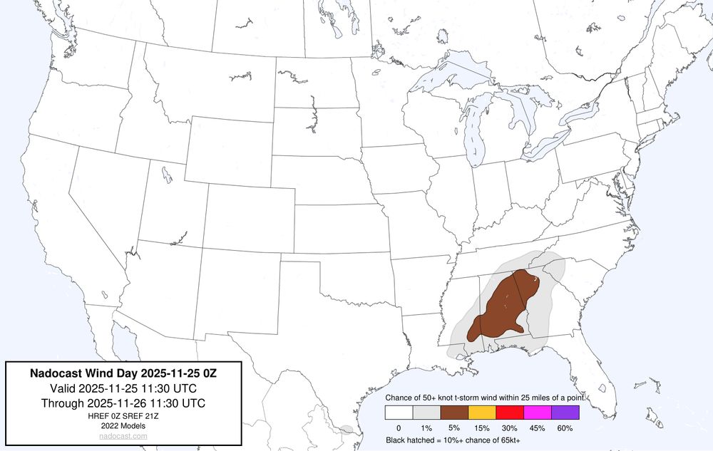 0z Day #Wind Forecast - map of the United States depicting areas of wind risk using various colors