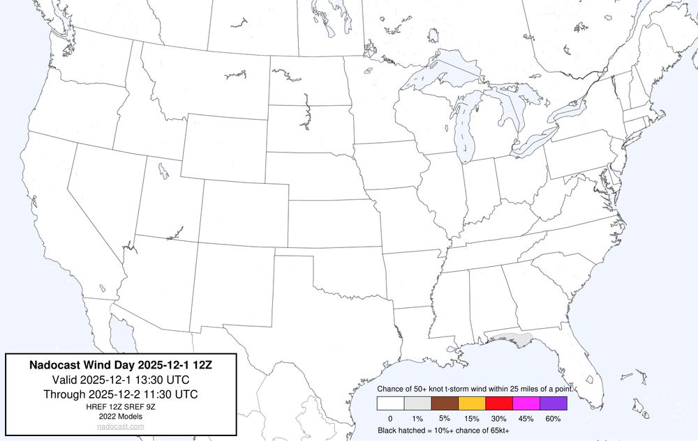 12z Day #Wind Forecast - map of the United States depicting areas of wind risk using various colors