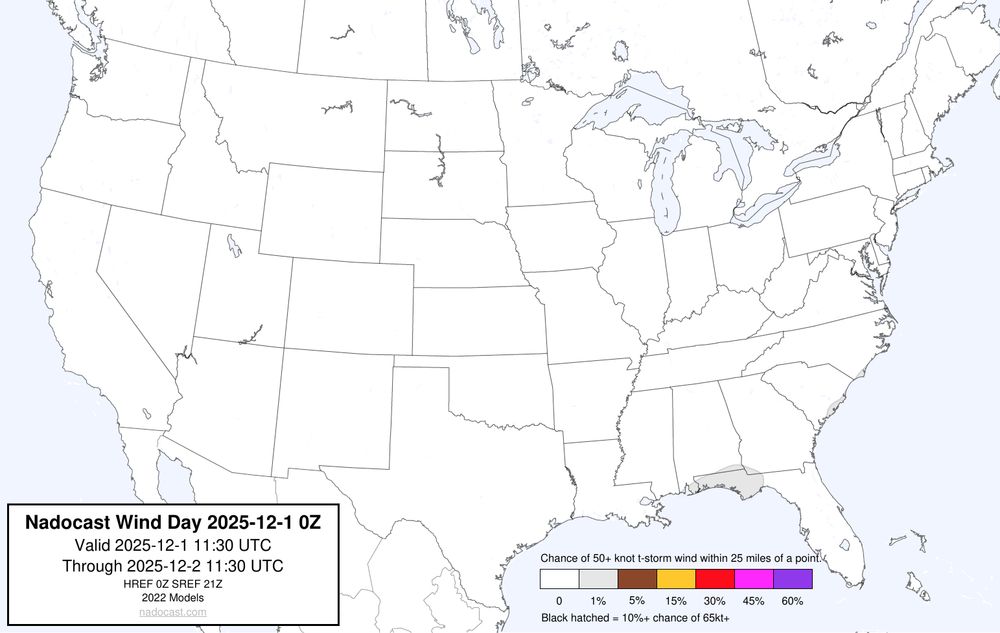 0z Day #Wind Forecast - map of the United States depicting areas of wind risk using various colors
