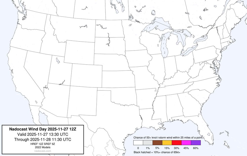 12z Day #Wind Forecast - map of the United States depicting areas of wind risk using various colors