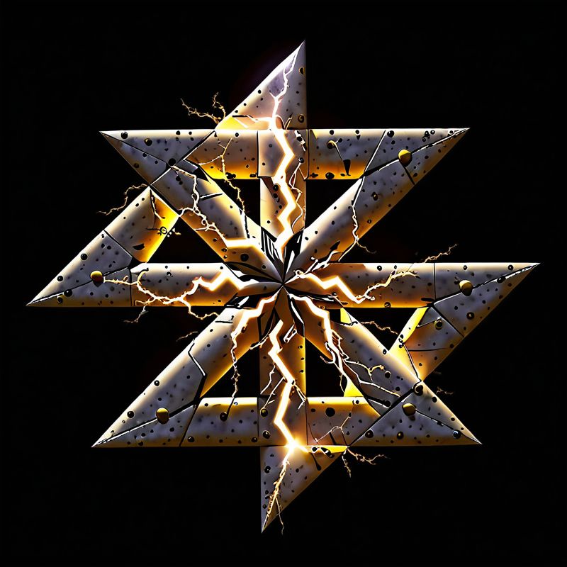 An eight-pointed star was drawn unusually, like a 3-D symbol. It is made of rusted metal with rivets protruding. There is a fizzle of energy near the center extending out into lightning crackling from out of the nucleus where the fabric of the symbols begins to twist and twinge.