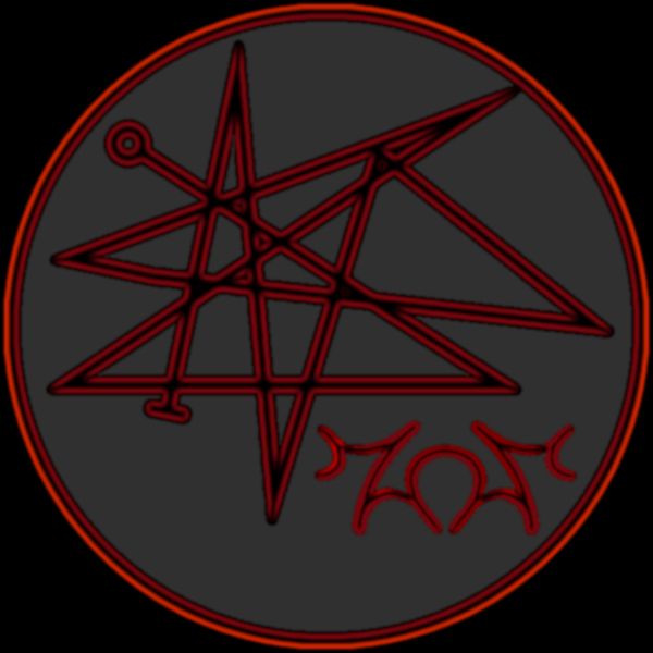 A circular seal with a two-tone red outline and a gray inner circumference houses a red-outlined jagged sigil. 