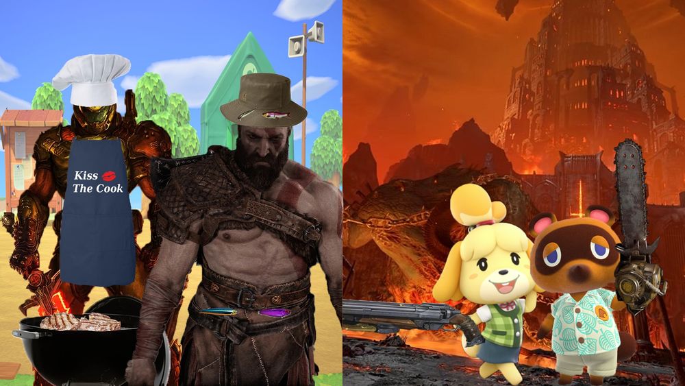 Kratos and the Doom Slayer enjoying some nice, relaxing fun in Animal Crossing, while Isabelle and Tom Nook are fighting through Hell.