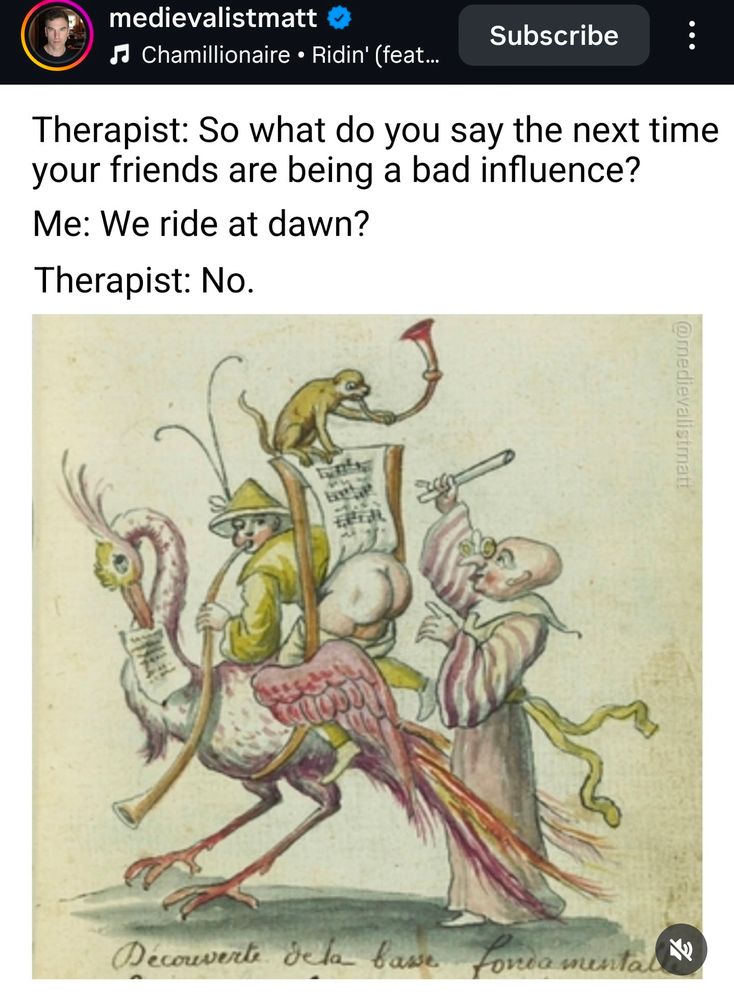 Medieval picture of a large bird with a man flashing his ass on its back, a monkey standing on the man's back. The man and monkey are holding long horns. To the right is a second man on friar's robes directing them 