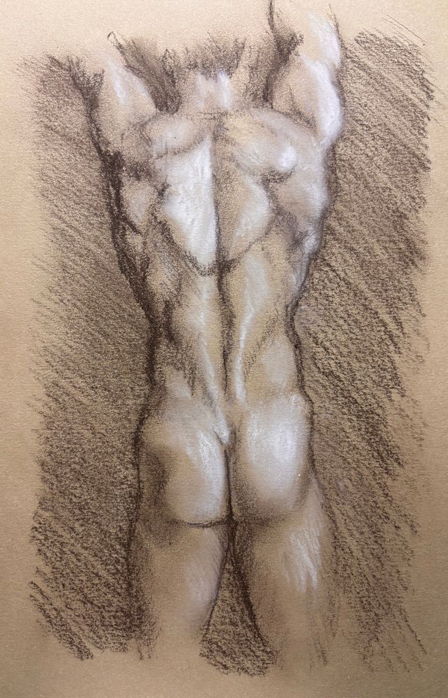 Monochrome artwork of a standing muscular figure shown from behind, from shoulders to thighs, with arms held up