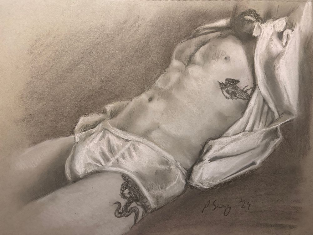 Black and white artwork of an athletic, bearded man reclining wearing only a white shirt and white briefs. On his upper thigh a tattoo of tentacles is visible through the leg of his underwear