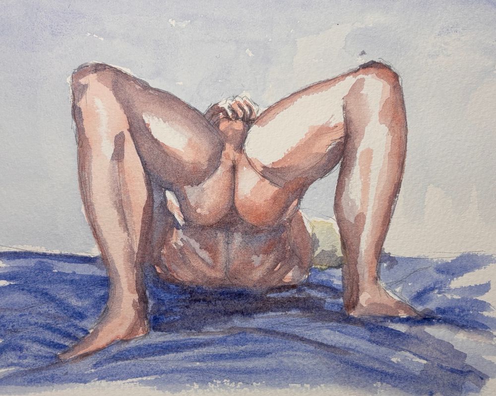 Colour artwork of a figure on a bed, hips thrust upwards, with only shoulders and feet touching the top of the bed. View showing the tension in his back from between his legs.