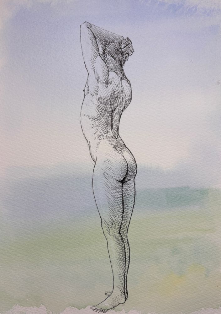 Hazy watercolour landscape of a field rolling towards hills in the distance. A line drawing of a nude figure stands on the field 