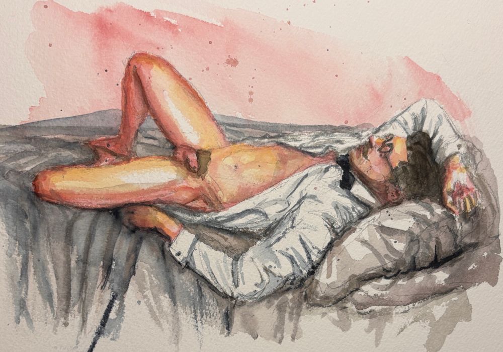 Colour painting of a moustachioed male figure lying on a bed, the pillows and his head closest to us. He’s wearing glasses, a black bow tie and an open shirt still buttoned to the collar, and nothing else