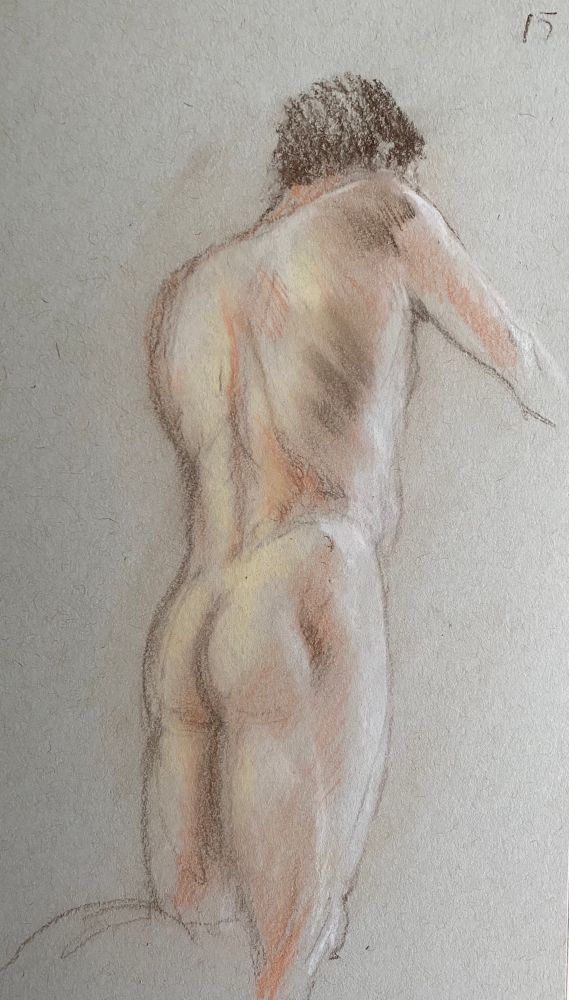 Lightly toned sketch of a standing nude male figure shown from behind