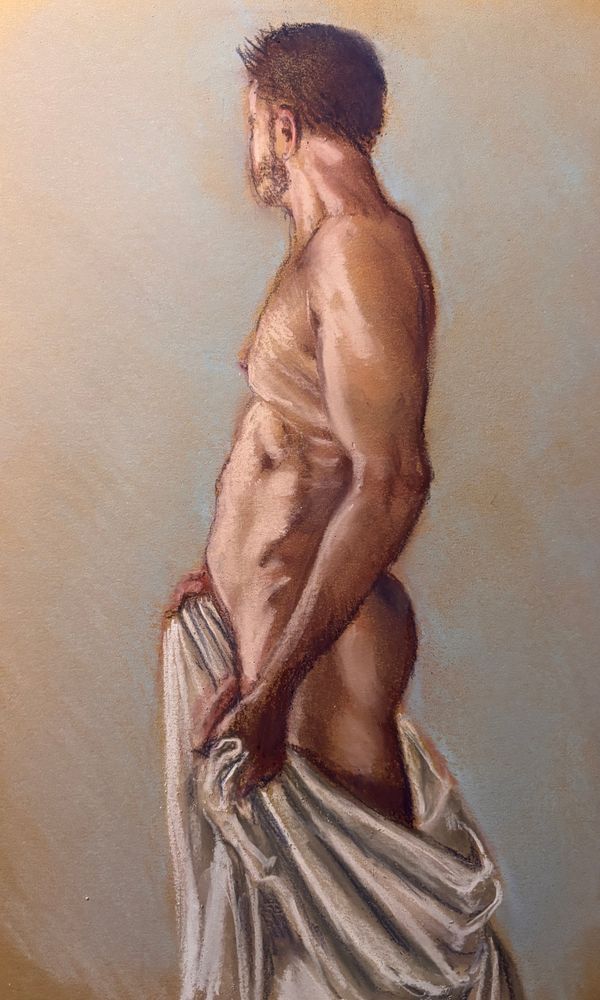Side view of a nude male figure holding a white sheet loosely around his thighs.