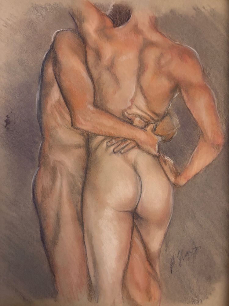 Two nude male figures embracing 