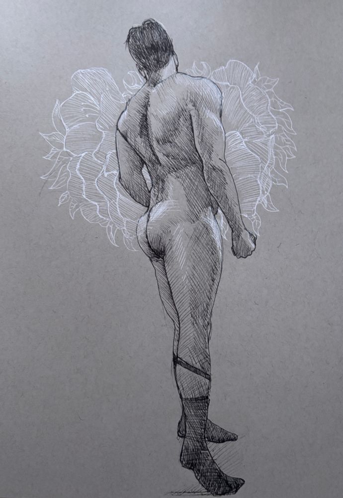 Black and white sketch of a male figure turning away from us, wearing only socks and sock suspenders