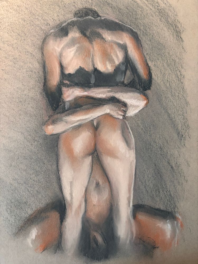 Two male figures, one seated, his arms wrapped around the waist of the other, who is standing