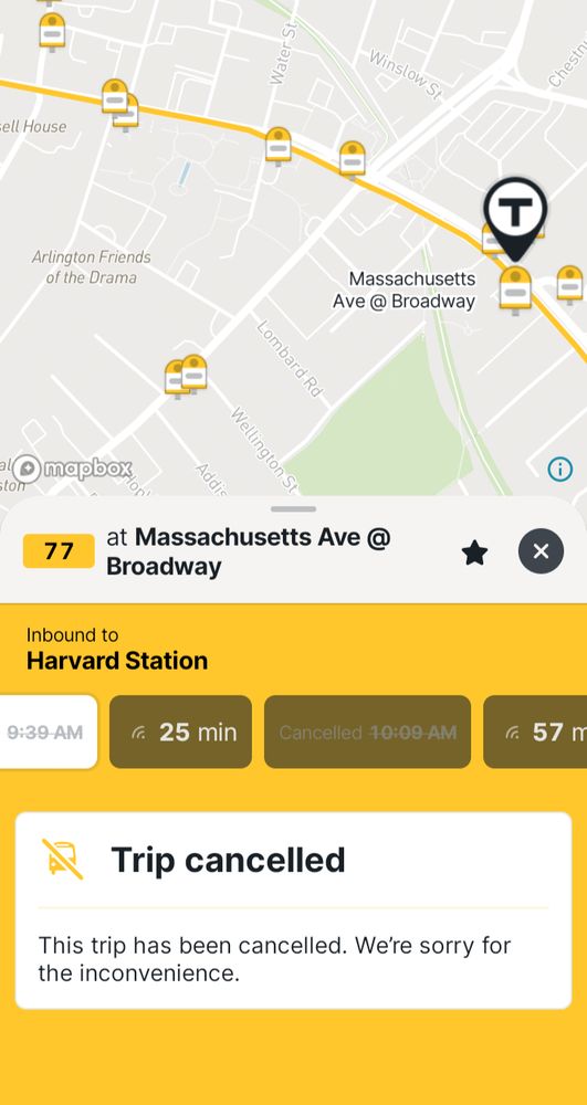Screenshot of MBTA Go app showing two canceled trips on Route 77, with arrivals estimated in 25 min and 57 min