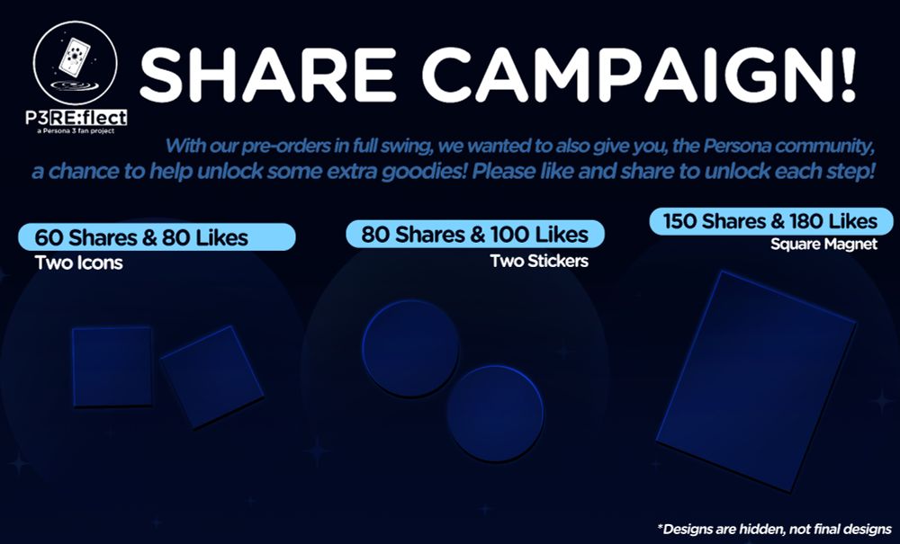 Text: Share Campaign!
Text: With our pre-orders in full swing, we wanted to also give you, the Persona community, a chance to help unlock some extra goodies! Please like and share to unlock each step!

Text: 60 Shares & 80 Likes
Text: Two Icons
Below text is an image of two silhouetted squares
80 Shares & 100 Likes
Two Stickers
Below text is an image of two silhouetted circles
150 Shares & 180 Likes
Square Magnet
Below text is an image of a silhouetted square
Text: *Designs are hidden, not final designs