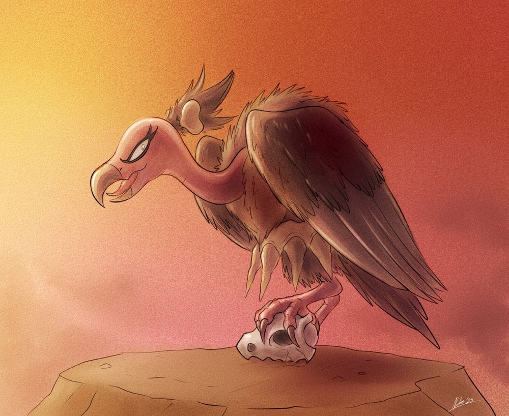 A Mandibuzz putting her talons on the skull mask of a Cubone