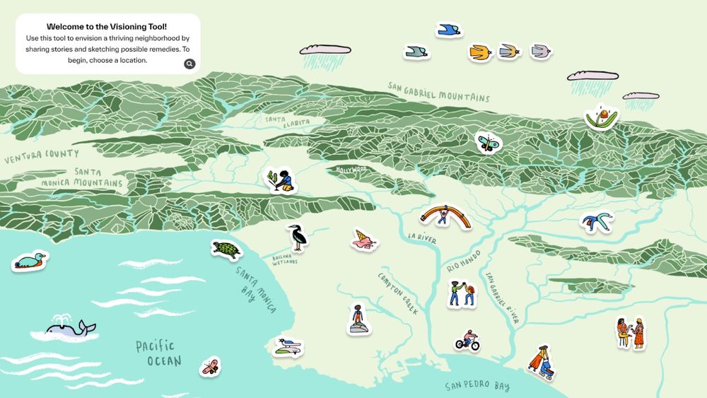 An illustrated map of the Los Angeles basin, emphasizing topography and hydrology. 