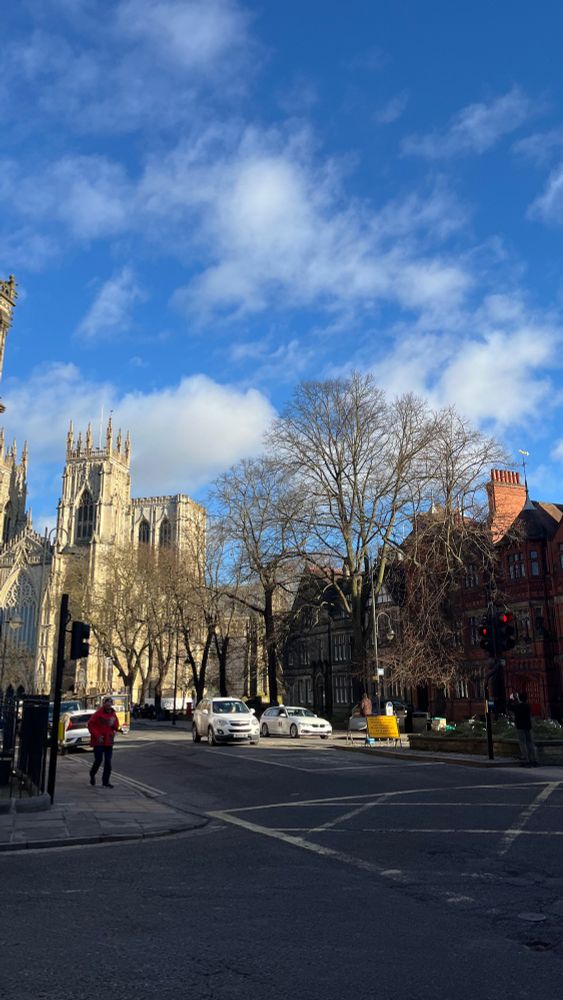 A photograph or York Cathedral, with trees, some cars and a road in front of it. The sky is blue and there a few small white clouds but it is a sunny day.
