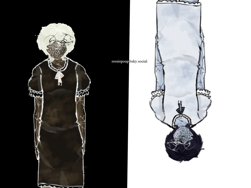 digital art of my short-haired porcelain android doll thingy (alternate colorway on left, left is inverted and a flipped version of right.) 