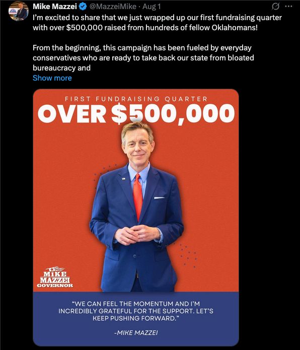 A Tweet from Oklahoma GOP gubernatorial candidate Mike Mazzei purporting to show his fundraising prowess. The Tweet reads: "First fundraising quarter: Over $500,000." 

It does not mention that $250,000 of that total comes from a personal loan to his campaign. 