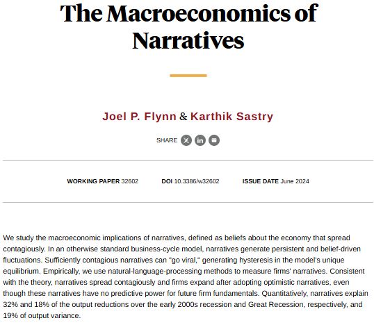 NBER WP 32602, the earlier version of the paper. Formerly titled "The Macroeconomics of Narratives", now "Contagious Business Cycles"

Joel P. Flynn and Karthik Sastry

Abstract: We study the macroeconomic implications of narratives, defined as beliefs about the economy that spread contagiously. In an otherwise standard business-cycle model, narratives generate persistent and belief-driven fluctuations. Sufficiently contagious narratives can "go viral," generating hysteresis in the model's unique equilibrium. Empirically, we use natural-language-processing methods to measure firms' narratives. Consistent with the theory, narratives spread contagiously and firms expand after adopting optimistic narratives, even though these narratives have no predictive power for future firm fundamentals. Quantitatively, narratives explain 32% and 18% of the output reductions over the early 2000s recession and Great Recession, respectively, and 19% of output variance.