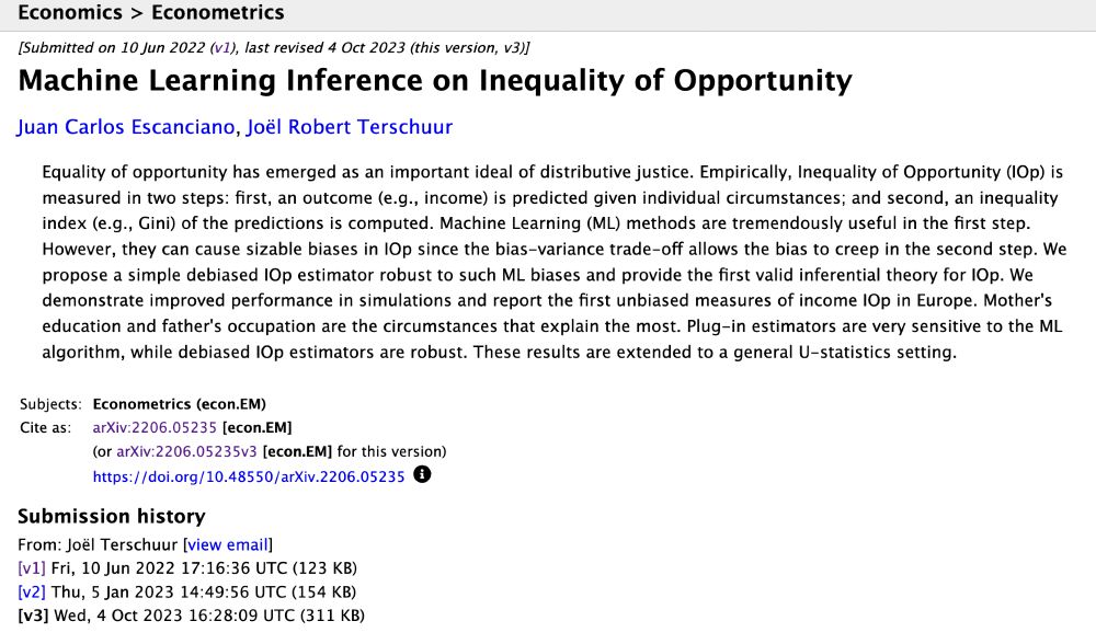 The latest version of "Debiased Semiparametric U-statistics", with a new title:
Machine Learning Inference on Inequality of Opportunity
Juan Carlos Escanciano, Joël Robert Terschuur
[Submitted on 10 Jun 2022 (v1), last revised 4 Oct 2023 (this version, v3)]
https://arxiv.org/abs/2206.05235