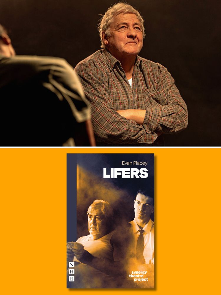 Top photo: Peter Wight in Lifers at Southwark Playhouse Borough, London. Photo by Richard Southgate. Bottom photo: Playscript cover of Lifers by Evan Placey.