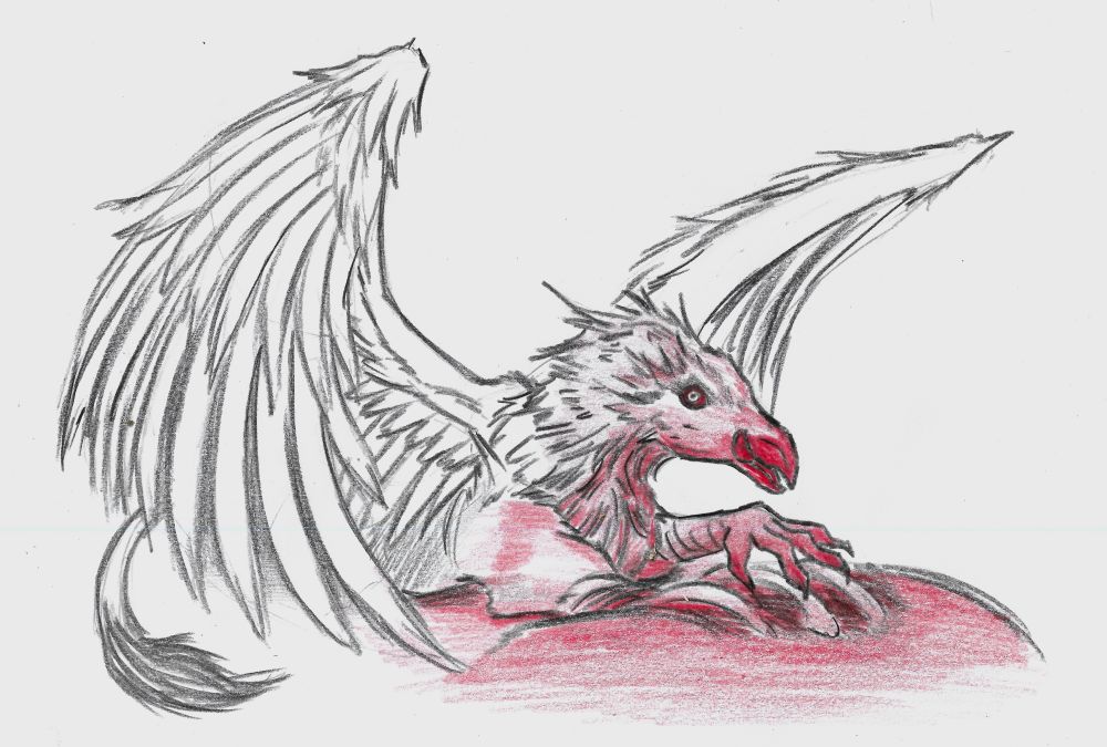 Traditional art of a wild looking gryphon feasting on carcass, black and white aside from the blood covering it's beak and talons.