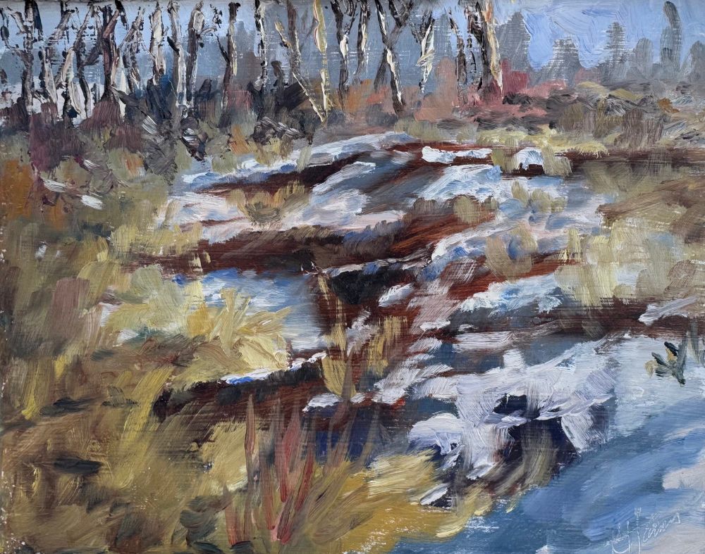 8x10 oil on board plein air oil painting of a scruffy ditch with grasses and patchy snow- blue shadows throughout along with golden dead grasses and hints of red willow. 