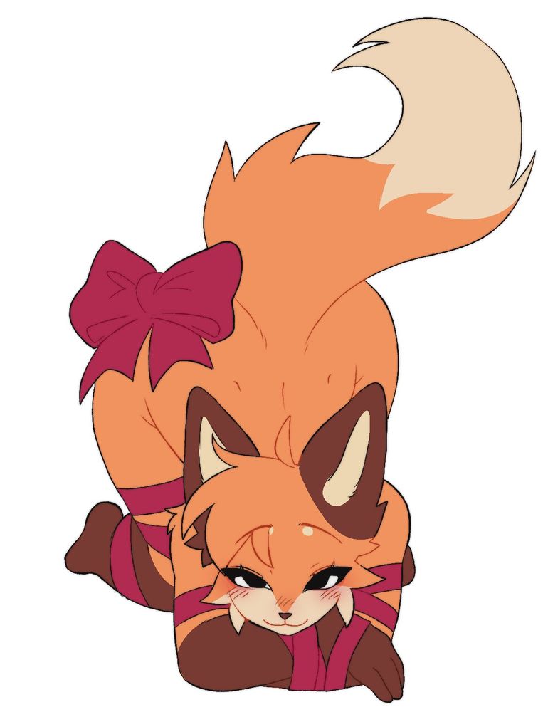 A sensitive femboy fox laying on the floor with their rear up in the air, bonded by red ribbons.