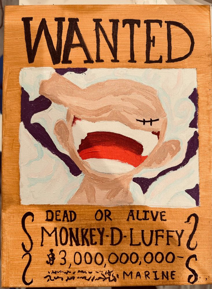 An acrylic painting of Gear 5 Luffy’s bounty wanted poster for 3 billion berries. He is covering his eyes and smiling/laughing
