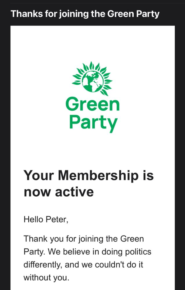 Email confirmation of Green Party membership 