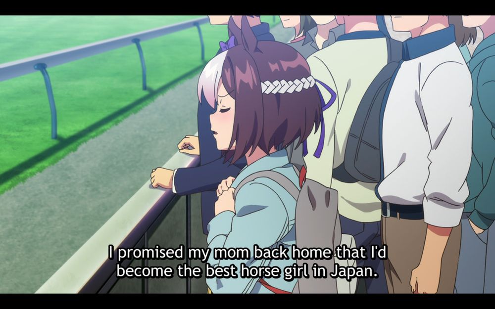 Screenshot of Umamusume with Special Week saying "I promised my mom back home that I'd become the best horse girl in Japan."
