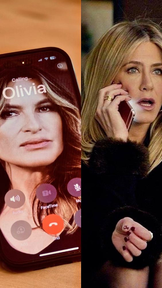 Left: An iPhone laying on a table with an image of actress Mariska Hargitay on screen and the caption on screen reads “calling Olivia”

Right: actress Jennifer Aniston talking on a cell phone 