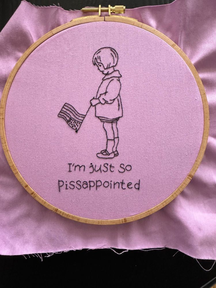 Embroidery of a little girl holding a drooping American flag and looking sad. Text reads: I’m just so pissappointed. 