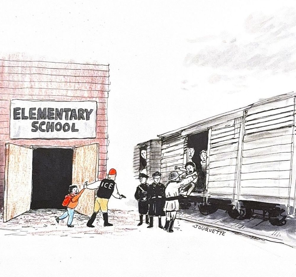 A drawing of children being pulled from an elementary school and loaded onto boxcars mirroring Nazi Germany.
