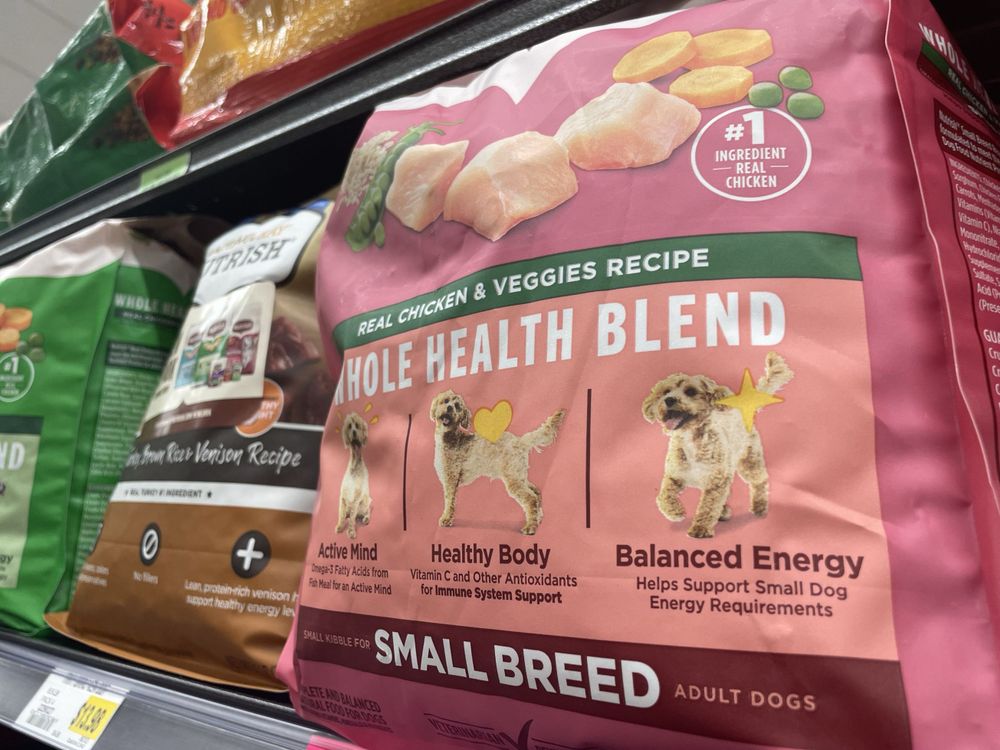 dog food bags on a shelf