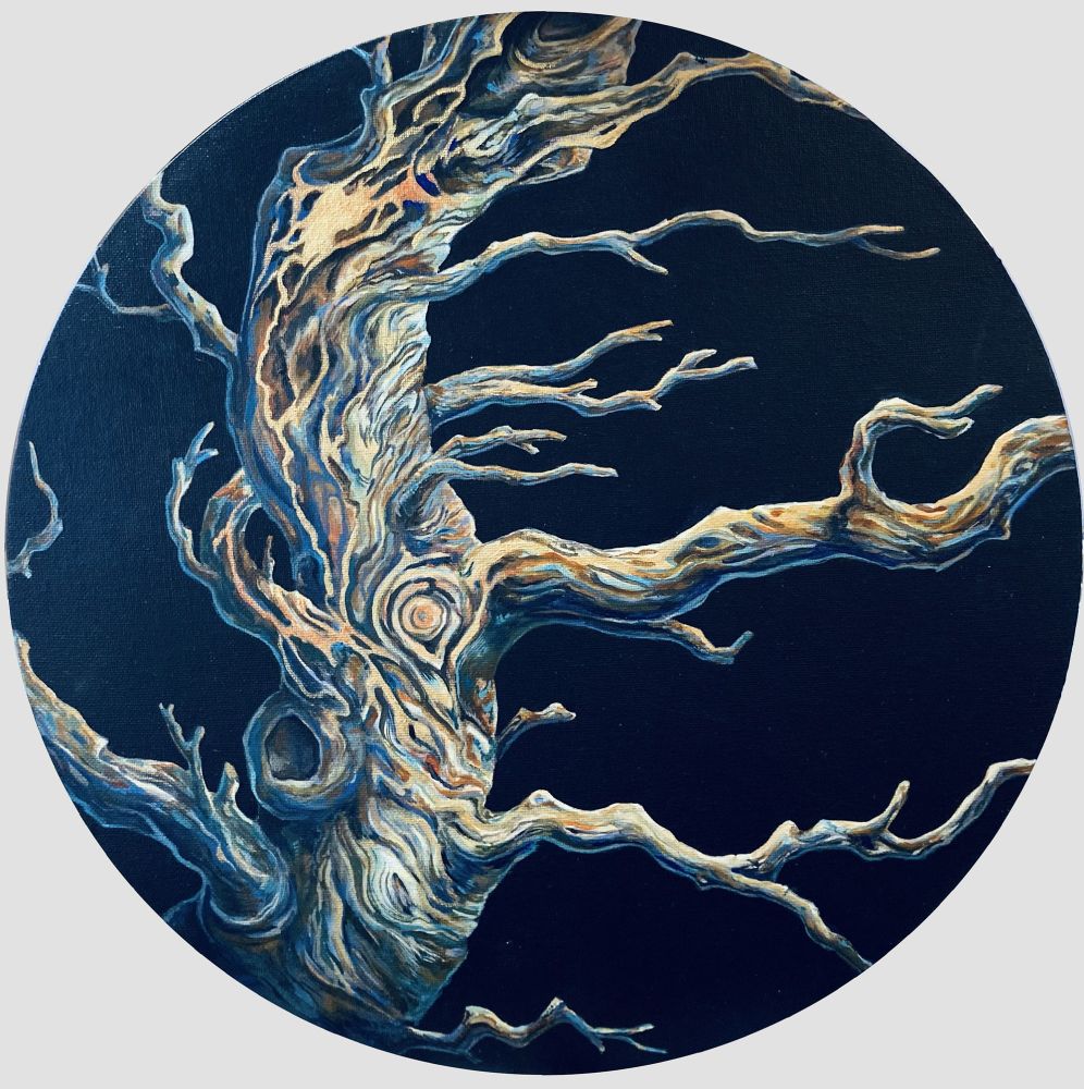 Acrylic painting of an old gnarly pine tree on a black background. There are gold details in the wood.