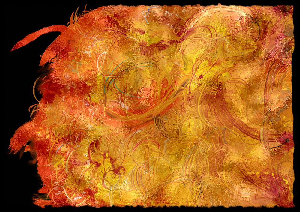 A paiting of what it would look like to start at the sun, covered in bands and ribbons plasma arcs.