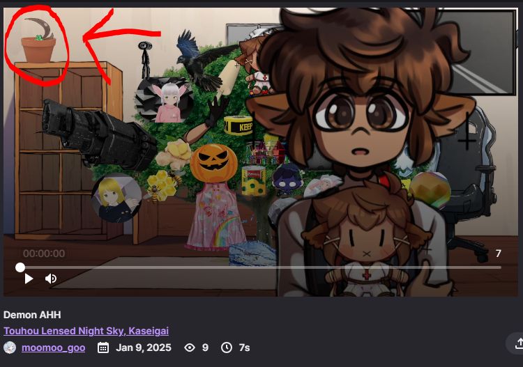 A screenshot of demon the normal boy with fluffy ears standing in front of a "chrismas tree" while holding chuckle plush aka "Frank" in his arms. In the background there is arrow pointing to clover pot.

The date is January 9th, 2025