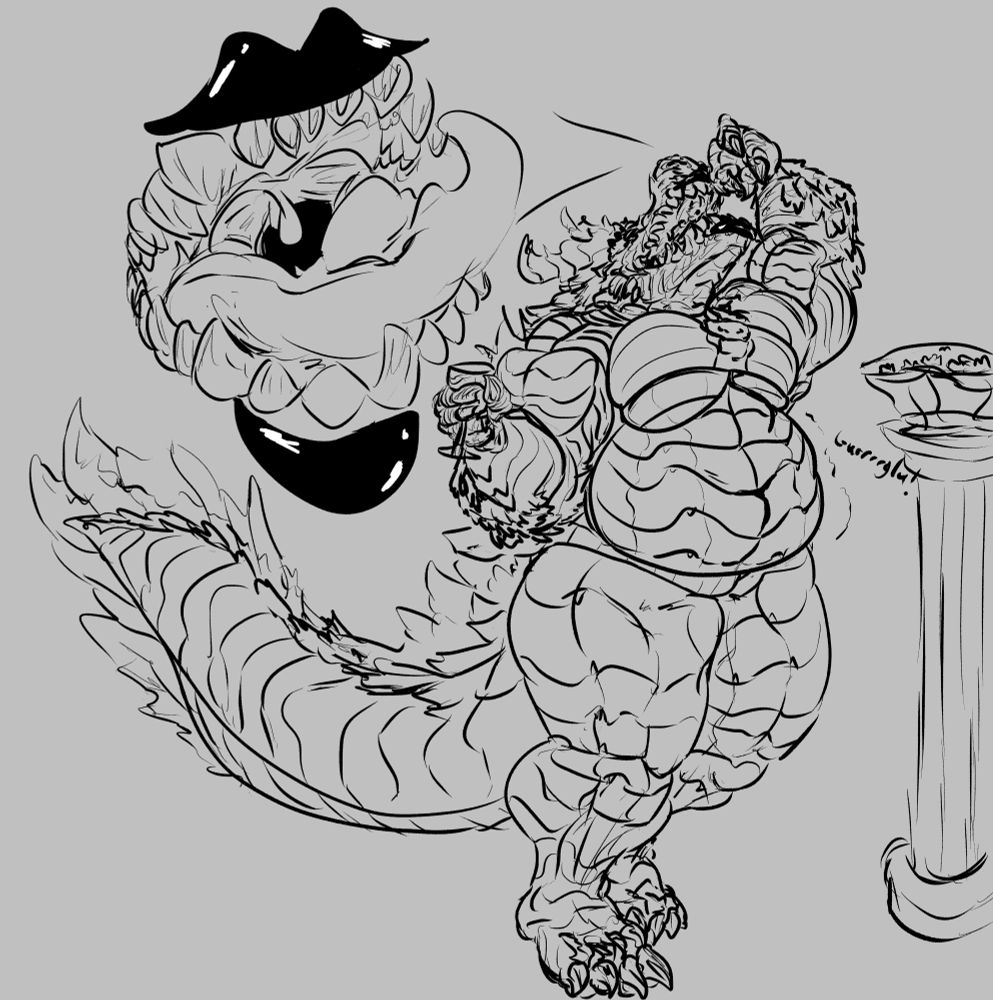 A shot showing Astarte's maw as she prepares to drop a tiny person from a bowl into it. The bowl is full of unfortunate people. She holds a wine glass in her right hand. She has horns, a frog-like tail, and otherwise looks like an alligator