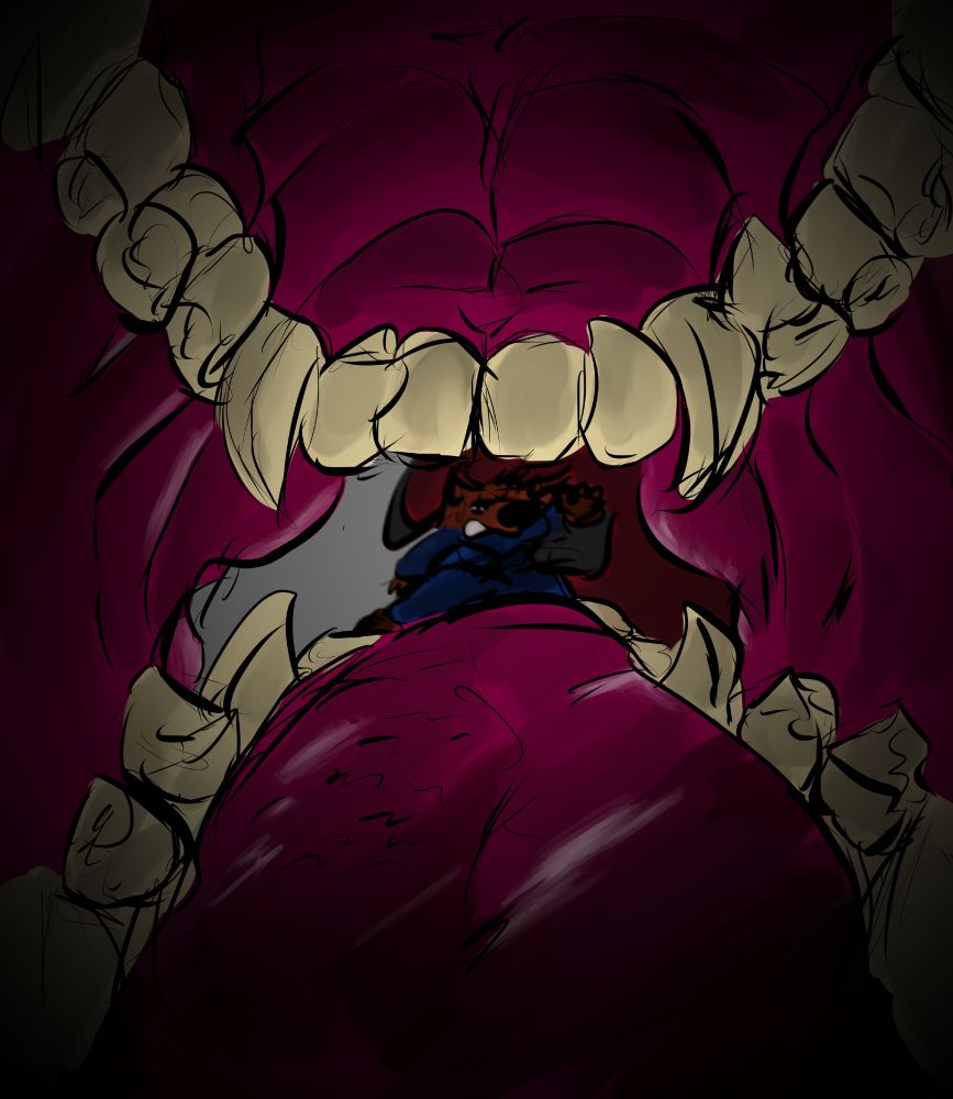 An internal shot from Geon's mouth shows her teeth, tongue, and cheeks framing the view of an unfortunate tiny furry she moves towards her mouth. He looks pretty scared!