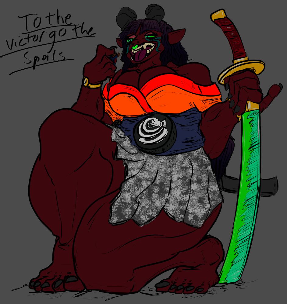 Crouching on one knee, the oni Geon lifts a tiny person up to her mouth. It's captioned "To the victor go the spoils". She holds a bright green catana in the ground and wears a vibrant red-blue-grey outfit. Her hair is black.