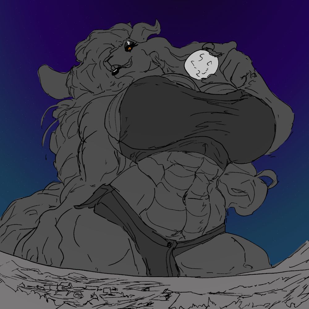 A colossal ryuusagi dragonbun holds the moon between a finger and a thumb, looking down at the surface of earth with a smug attitude as she poses. She wears her hair down, and a tight pair of jorts and a sports bra. She's extremely ripped