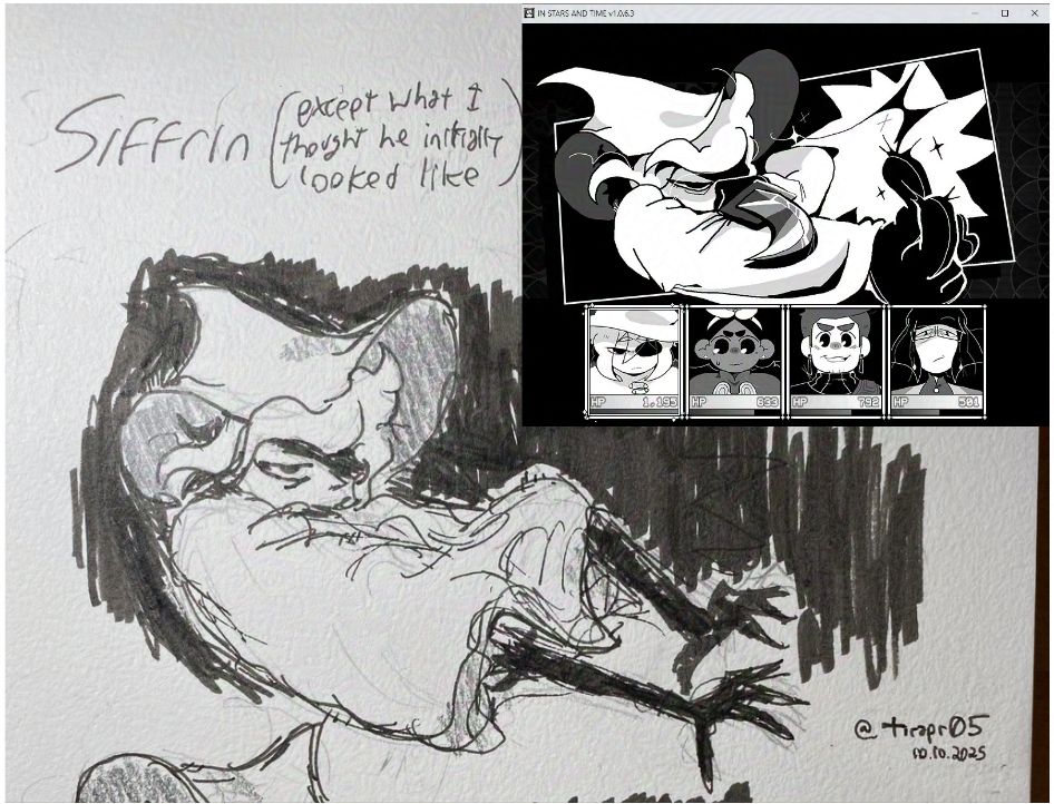 a sketch of what i thought siffrin looked like, with bird legs + feet instead of just normal legs. his body is sorta curled up. 

at the top left is the text: Siffrin (except what I thought he initially looked like)

at the top right of the page is a screenshot of siffrin's pop-in i took while replaying in stars and time.